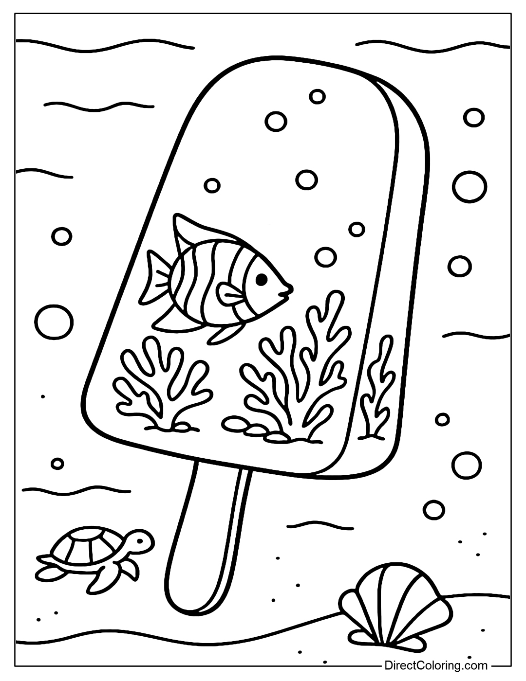 Popsicle coloring page with colorful tropical fish and coral on the popsicle body.